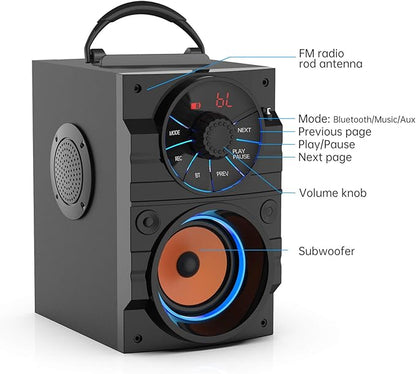 Portable Big Bluetooth Speakers with Light, Wireless with Subwoofer, FM Radio, LED Lights, EQ, Booming Bass, Bluetooth 4.2 Stereo Loud Outdoor/Indoor Retro, for Home, Camping, Travel, Black