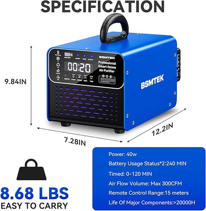Cordless Ozone Generator with 2X 5000mAh Battery & Quick Charger, 24V Professional Grade Ozone Machine, Deodorizer, With Remote Control, Suitable for Large Room，Blue