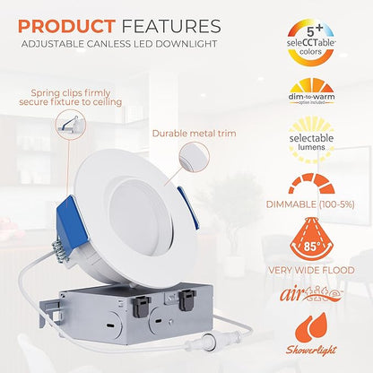 HALO RA 4 in Canless LED Recessed Downlight with Adjustable Gimbal, Selectable Lumens and Selectable Color Temperatures, Dim-to-Warm Technology, Damp Location Rated - RA4LS9FSD2W1EWHDM