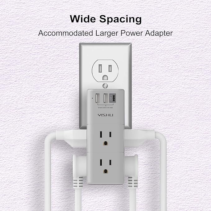 Multi Plug Outlet Surge Protector - YISHU Outlet Extender with Rotating Plug, 6 AC Outlets and 3 USB Ports, 3-Sided Swivel Power Strip Ideal Stocking Stuffers, Gray
