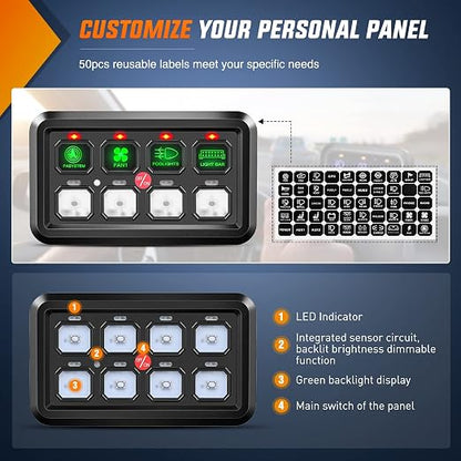 Nilight 8 Gang Switch Panel System Circuit Control Relay System Fuse Wiring Harness Automatic Dimmable ON Off LED Switch Pod for 12V Cars Trucks Campers SUV, 2 Years Warranty | Universal Circuit Control Fuse Wiring Harness ON Off Green Backlit LED Pod ...
