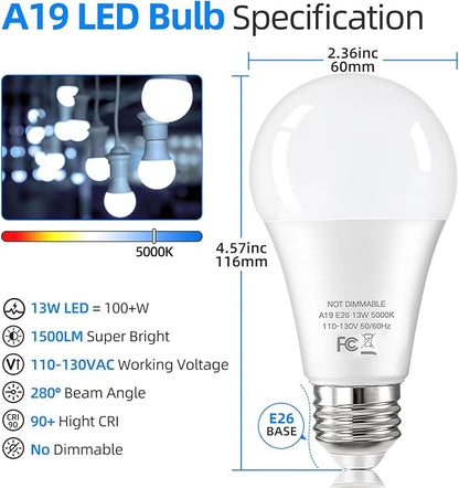 24-Pack A19 LED Light Bulbs Equivalent 100W, 13W 5000K Daylight White LED Bulbs Super Bright 1500 Lumens, E26 Base Bulb for Home, Bedroom, Office Lamp, Non-Dimmable
