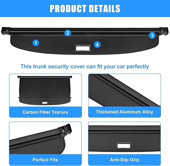 AUXKO Retractable Cargo Cover for Toyota RAV4 2025-2019, Cargo Trunk Cover Luggage Security Shade Cover for 2025 2024 2023 Toyota RAV4 Shielding Shade Anti-Peeping Luggage Privacy Screen, Carbon Fiber