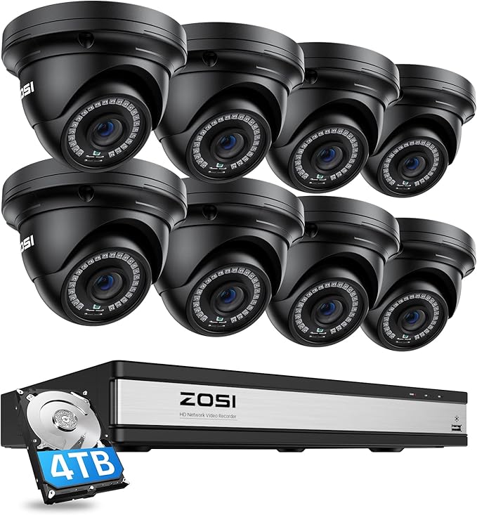 ZOSI H.265+ 4K 16CH PoE Security Camera System, 8 X Wired 5MP (3K) Dome PoE IP Cameras Outdoor Indoor, 16CH NVR with 4TB HDD for 24/7 Recording, 80ft Night Vision, Motion Detection, Remote Access
