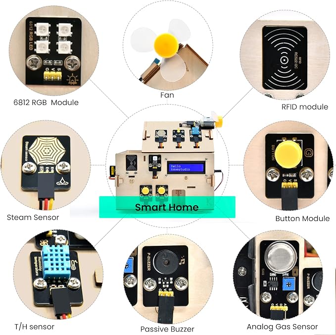 KEYESTUDIO IOT ESP32 Smart Home Starter Kit for Arduino and Python,Electronics Home Automation Coding Kit, Wooden House DIY Sensor Kit,STEM Educational Set for Adults Teens 15+