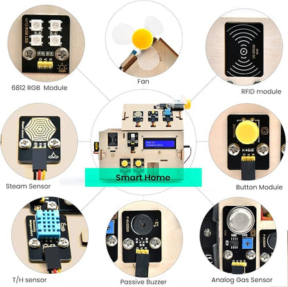 KEYESTUDIO IOT ESP32 Smart Home Starter Kit for Arduino and Python,Electronics Home Automation Coding Kit, Wooden House DIY Sensor Kit,STEM Educational Set for Adults Teens 15+