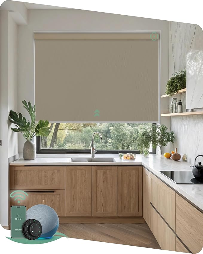 Yoolax Motorized Blinds with Remote, 100% Blackout Smart Blinds, Waterproof Motorized Shades Work with Alexa, Google, Apple Homekit, Custom Electric Shades Voice Control (Vinyl Light Coffee)