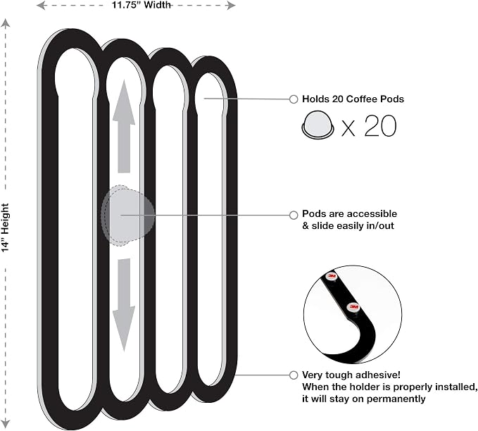 Demi's Home Adhesive Coffee Pod Holder for Nespresso Vertuo Capsules (Measure Before Purchase) - Suitable to be Mounted Inside/Under the Cabinet or on the Wall (Black)