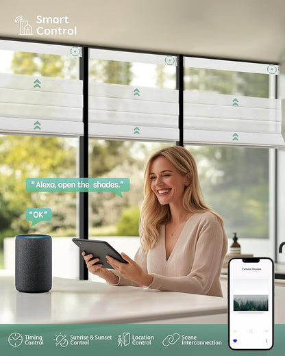 Yoolax Smart Top Down Bottom Up Roman Shades, Motorized Roman Shades with Remote, Semi Sheer Smart Blinds Work with Alexa, Google Home, Apple Homekit for Living Room, Customized (Starry White)