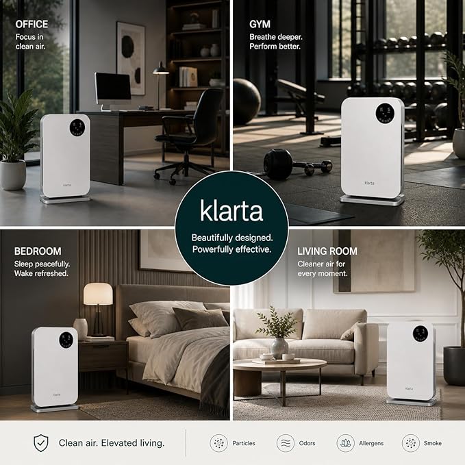 Air Purifier for Home - Smart WiFi App - Ultra Quiet 20 dB - Removes Allergens, Smoke & Odors - 99.97% Particle Filtration - Up to 1237 ft² - Klarta Forste Wood Black