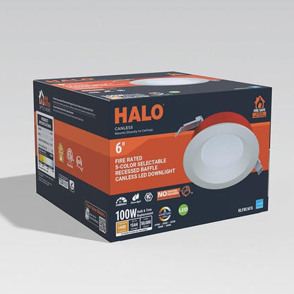 HALO RL 6 in Fire Rated Canless Integrated LED Recessed Light Trim Selectable 5CCT 2700K-5000K, 1400 Lumens, Dimmable IC Rated, Airtight, Wet Location
