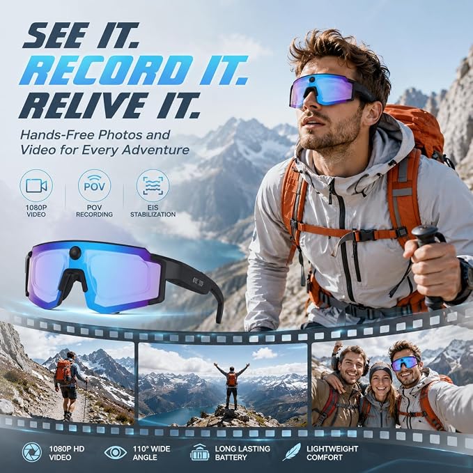 AI Smart Glasses with Camera, 1080P Video Recording Sunglasses, ChatGPT Voice Assistant, Dual Mic ENC & Bone Conduction Open-Ear Audio, 139 Languages Translation for Cycling Travel, 300mAh