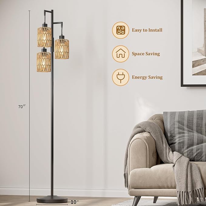Oneach 70" Floor Lamps for Living Room, Stepless Dimmable Boho Floor Lamp with 3 Bulbs, Tall Farmhouse Industrial Corner Standing Tree Lamp for Bedroom, Office, Study Room, Dining Room, Black