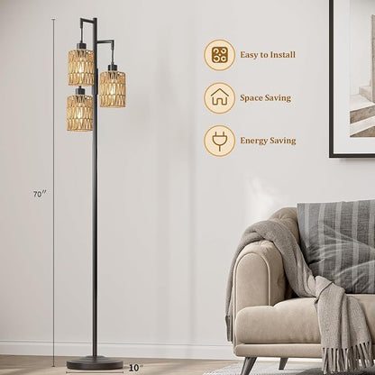 Oneach 70" Floor Lamps for Living Room, Stepless Dimmable Boho Floor Lamp with 3 Bulbs, Tall Farmhouse Industrial Corner Standing Tree Lamp for Bedroom, Office, Study Room, Dining Room, Black
