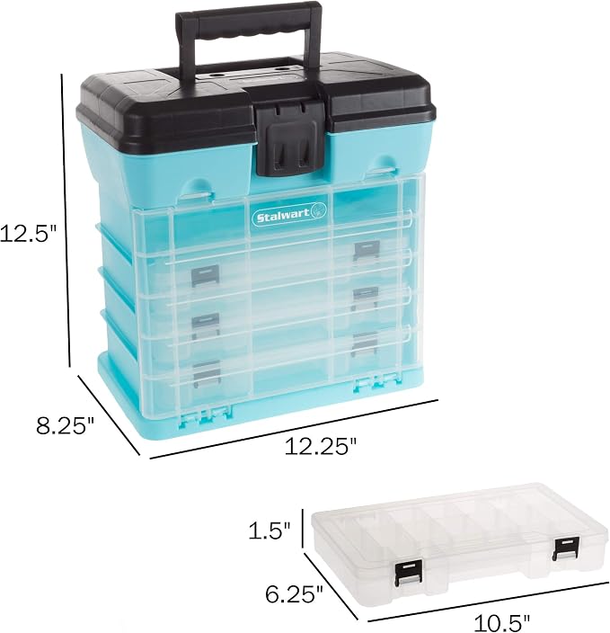 Small Parts Organizer Box - 10-Inch Portable Storage Case with 4 Removable Multi-Compartment Trays for Screws, Beads, Small Fishing Tackle, Hardware, and Craft Supplies by Stalwart (Light Blue)