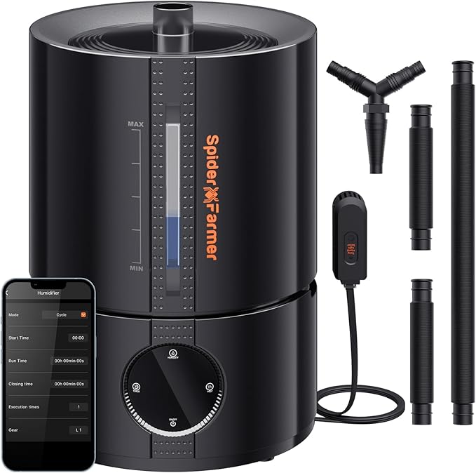 Spider Farmer New 450ml/h Humidifier for Plants Grow Tent Large Room, GGS Smart Customized Humidity Control Cool Mist with Extendable Targeting Hose and Temp & Humidity Probe Indoor Black 5L (Upgrade)