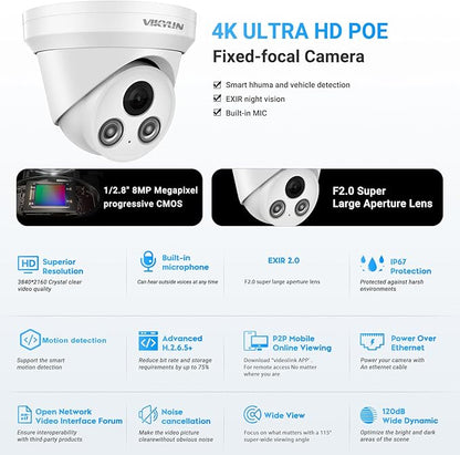 VIKYLIN 8MP IP PoE 4K Turret Camera,Buit in Mic, AI Human/Vehicle Detection,98ft EXIR 2.0 IR Night Vision, 2.8mm Lens,IP67 Outdoor Security CCTV Surveillance Camera,NDAA Complaint