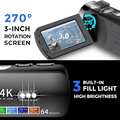 4K Video Camera Camcorder Ultra HD 64MP Vlogging Camera for YouTube 28X Digital Zoom 270° Rotation Screen 3.0" Vlog Camera with Night Vision Video Recorder with WiFi Connection