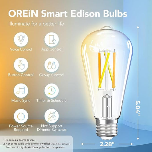 OREiN Smart Edison Light Bulbs, 2.4 Ghz Wi-Fi ST19(58) Vintage Light Bulbs E26, 800LM Dimmable via app, 2700-6500K Tunable, Smart LED Filament Bulb Works with Alexa/Google Home, 60W Equivalent 4Pack