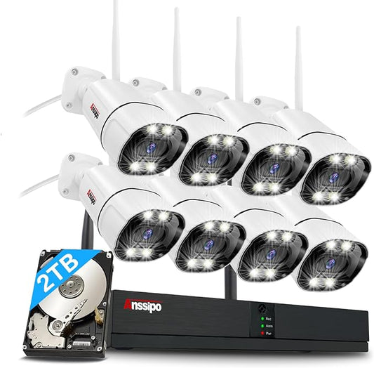8 Channel Wireless Security Camera System, 8X 3MP WiFi Wired Surveillance Cameras Indoor Outdoor with Two-Way Audio/AI Face/Motion Detection/Color Night Vision, H.265+ 8CH WiFi NVR, 2TB Hard Drive