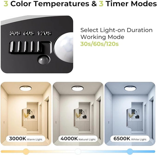 hepside 2 Pack Motion Sensor Ceiling Light Wired, 3000K/4000K/6500K LED Flush Mount Ceiling Light Fixture, 8.7Inch 18W Motion Sensor Light with Timer for Closet Stair Porch Hallway Pantry,Black