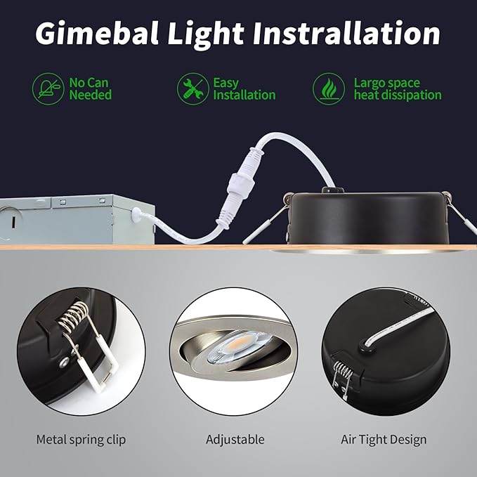 KnLnny Ware Brushed Nickel 4 Inch Gimbal Recessed Lights 6 Pack,Ajustable Recessed Lights,spot Lights Indoor with Junction Box,5CCT Selectable,9W 750LM,Dimmable