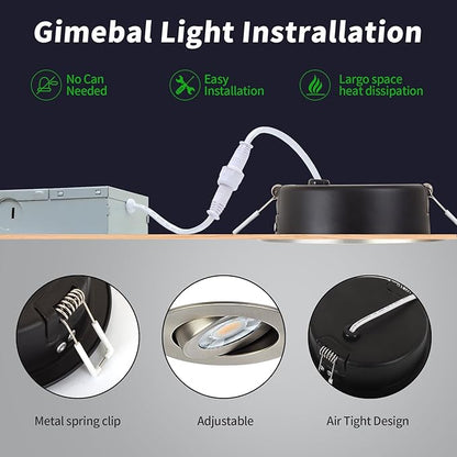 KnLnny Ware Brushed Nickel 4 Inch Gimbal Recessed Lights 6 Pack,Ajustable Recessed Lights,spot Lights Indoor with Junction Box,5CCT Selectable,9W 750LM,Dimmable