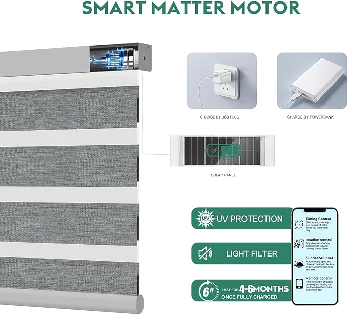 Motorized Zebra Blinds with Remote, Work with HomeKit Alexa Automatic Electric Window Shades 95% Blackout Light Filtering for Smart Home and Office, Customized Size Modern Silver