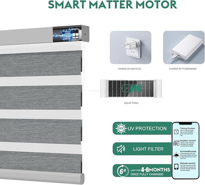 Motorized Zebra Blinds with Remote, Work with HomeKit Alexa Automatic Electric Window Shades 95% Blackout Light Filtering for Smart Home and Office, Customized Size Modern Silver