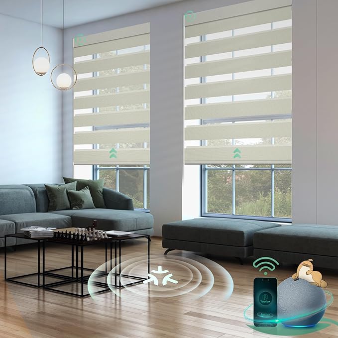 Yoolax Motorized Matter Zebra Blinds Compatible with Alexa, Google Home, Apple HomeKit, Blackout Smart Blinds, Privacy Light Control Horizontal Window Blind for Home (100% Blackout Striped Gold)