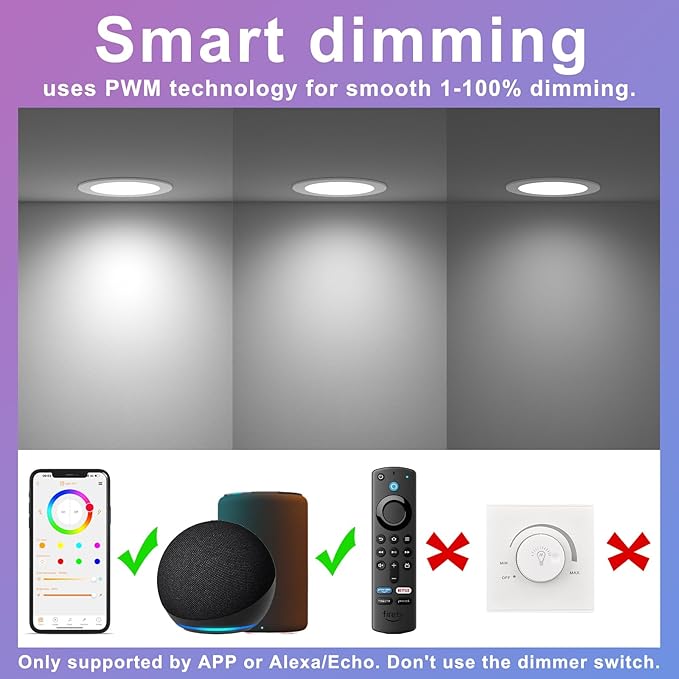 SikSog Smart Recessed Lighting 6 Inch RGBCW Color Changing 16W LED Downlight with Junction Box,1350 Lumen Recessed Ceiling Light Compatible with Alexa,Dimmable by Bluetooth Control -6Pack