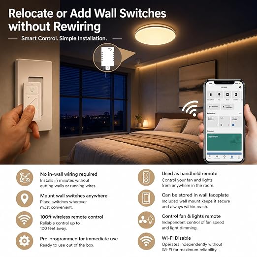 Nexete Smart Wireless Light Switch, Dimmer Switch & Receiver Kit No Wiring Wireless Remote Control,Remote & Voice Control,Bluetooth Work with Amazon Alexa Only, ETL Certified (1 Switch & 1 Receiver)