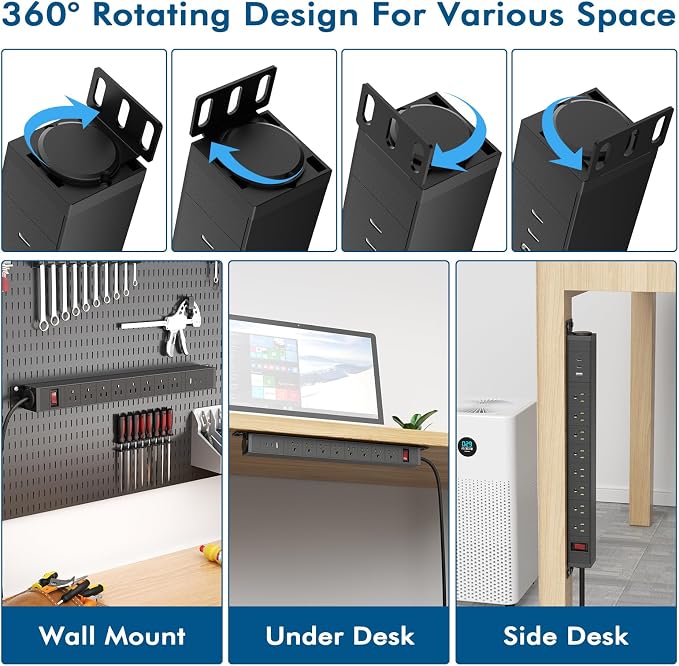 360° Rotating Mountable Power Strip with USB Ports, 8 Outlet Power Strips Wall Mount, Metal Heavy Duty Versatile Outlet with 6FT Power Cord,for Home Office Industrial Garage Commercial