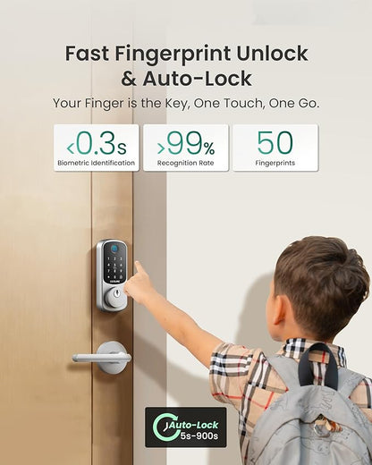 DESLOC B200 Fingerprint Smart Lock with 2 Lever Handles, Keyless Entry Front Door Lock Set, Electronic Keypad Deadbolt, App Control, Auto Lock, Long Battery Life,Silver