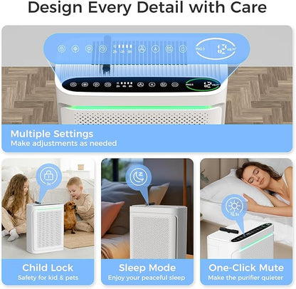 VOOPNU Air Purifiers For Home With Air Quality Display Cover Area Up to 2152 Sq.Ft Equipped with True H13 Washable Filter Air Cleaner with Fragrance Sponge for Bedroom Dorm Room, DH-JHD08(White)