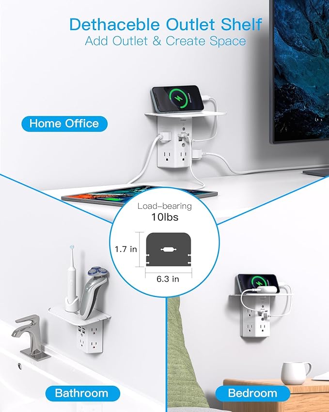 One Beat Surge Protector Wall Outlet Extender, 5 Outlets & 4 USB Ports (2 USB-C) with Night Light & Outlet Shelf, 1680J, 3-Sided Multi Plug Adapter, Wall Mount, ETL Listed for Home Office Travel