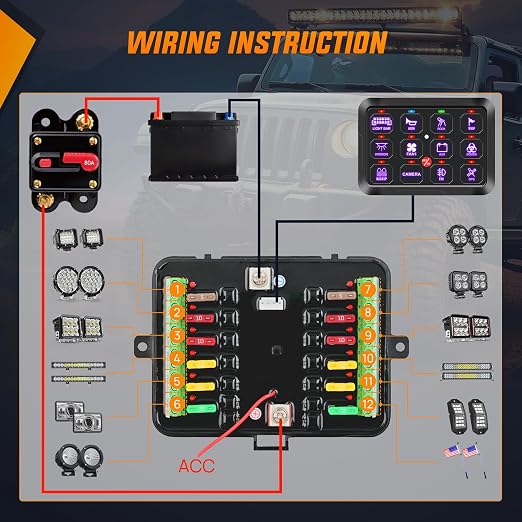 Nilight 12 Gang Switch Panel Relay System with Automatic Dimmable | RGB Backlight Panel Circuit Control Fuse Wiring Harness ON Off LED Switches Pod for 12V 24V Cars Trucks Campers SUV