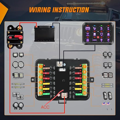 Nilight 12 Gang Switch Panel Relay System with Automatic Dimmable | RGB Backlight Panel Circuit Control Fuse Wiring Harness ON Off LED Switches Pod for 12V 24V Cars Trucks Campers SUV