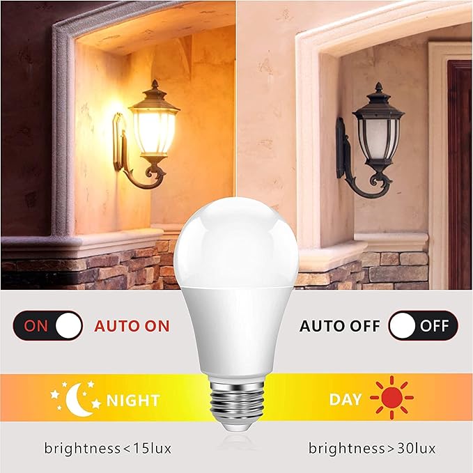 Torkase Outdoor Dusk to Dawn Light Bulbs- No Timer Required, 12W(100W Equivalent), 3000K Warm White, E26 A19 Automatic Sensor LED Bulbs, Built-in Photocell Detector for Boundary, Garage, Patio