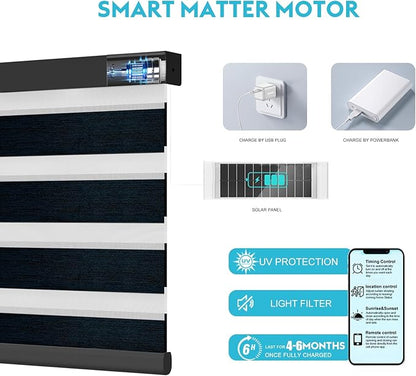 Motorized Zebra Blinds with Remote Smart Blind Work with Homekit Alexa SmartThings Electric Day and Night Shade Cordless Automatic Solar Powered Window Shade Customize(Starry Dark Blue)