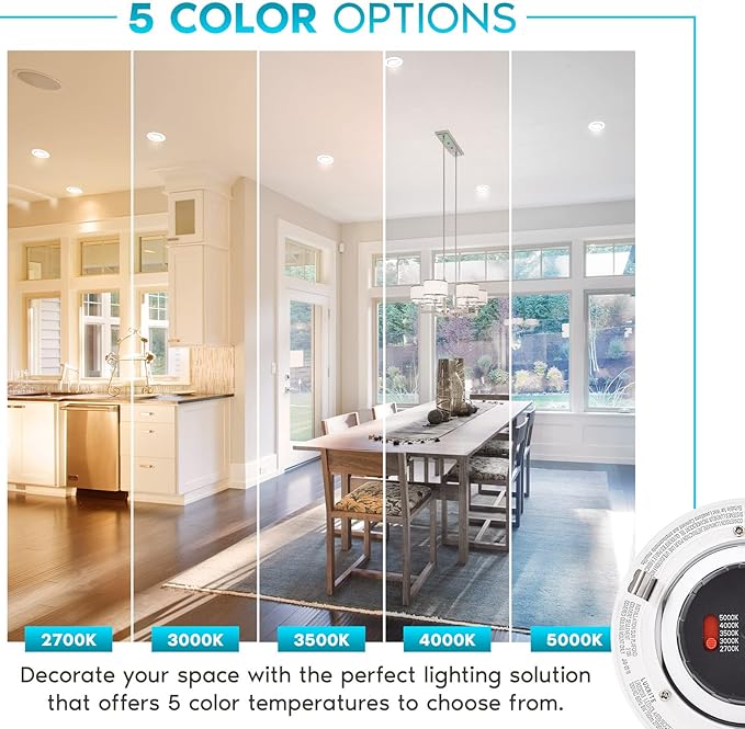 LUXRITE 4 Inch Gimbal LED Recessed Lighting Can Lights, 8W=60W, 5 Color Selectable 2700K-5000K, CRI 90, Dimmable Adjustable LED Downlight, 700 Lumens, Wet Rated, Energy Star, ETL Listed (6 Pack)