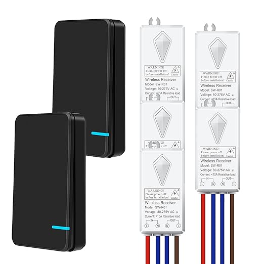 NineLeaf No Wiring Light Switch,Black Wireless Light Switch Kit Remote Control Light Switch No WiFi Needed for Renters DIY Outdoor 1969ft Indoor 328ft 1000W LED, Ceiling Lamps(2Switches 5Receivers)