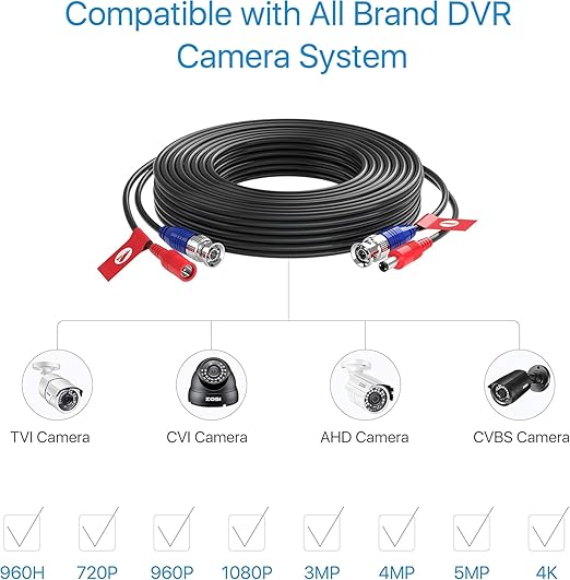 ZOSI 1 Pack 33ft (10 Meters) All-in-one Video Power Cable,BNC Extension Surveillance Camera Cables for CCTV Video Security DVR Systems (Included 1X BNC Connectors and 1X RCA Adapters)
