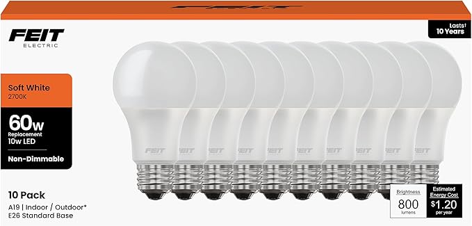 Feit Electric A19 LED Light Bulbs, 60W Equivalent, Non Dimmable, 800 Lumens, E26 Standard Base, 2700k Soft White, 80 CRI, 10 Year Lifetime, Energy Efficient, 10 Pack, A800830/10KLED/10/RP