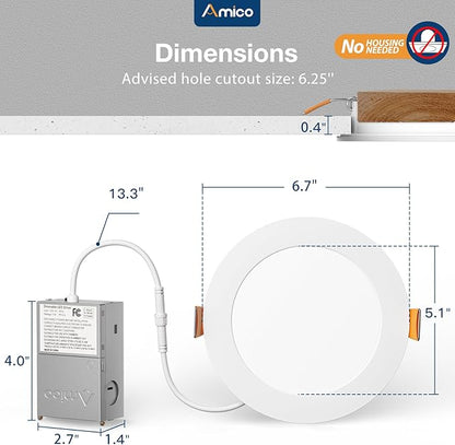 Amico 20 Pack 6 Inch 5CCT Ultra-Thin LED Recessed Ceiling Light with Junction Box, 2700K/3000K/3500K/4000K/5000K Selectable, 12W Eqv 110W, Dimmable Can-Killer Downlight, 1050LM Wafer Lighting - ETL