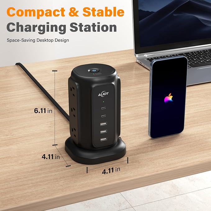 AiJoy Power Strip Tower with 9 AC Outlets and 5 USB Ports Charging Station | 1200J Surge Protector, 6.5 Feet Extension Cord with Multiple Outlets for Home Dorm Room Office Supplies Desk Accessories