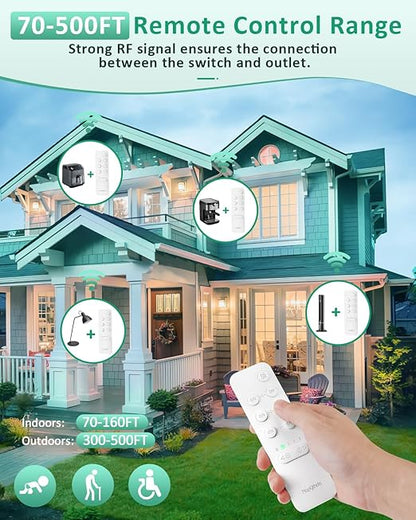 Remote Control Outlet with Countdown Function, 15A/1500W Anti-Surge 4000V Wireless Remote Outlet, 500FT RF Range No Wire Remote Plug On Off Switch for Household Appliances, Christmas Lights