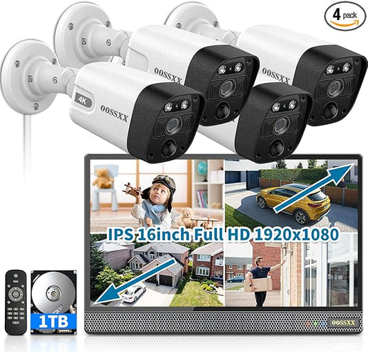 OOSSXX (2026 New 4K PoE Security Camera System Outdoor, 8CH NVR with 16" IPS Monitor & 1TB HDD, 4 Cameras, 130° Wide Angle, AI Human Detection, Two-Way Audio, No Monthly Fee