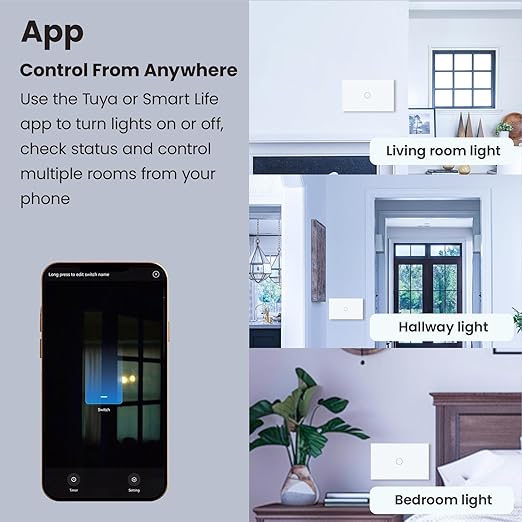 Smart Switch 118X72X34MM Neutral/No Neutral Wire Required, 2.4GHz Wi-Fi,Compatible with Alexa and Google Home 220V, White 1 Gang 1 Pack