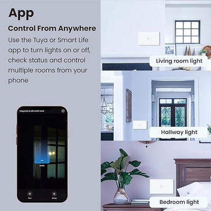 Smart Switch 118X72X34MM Neutral/No Neutral Wire Required, 2.4GHz Wi-Fi,Compatible with Alexa and Google Home 220V, White 1 Gang 1 Pack